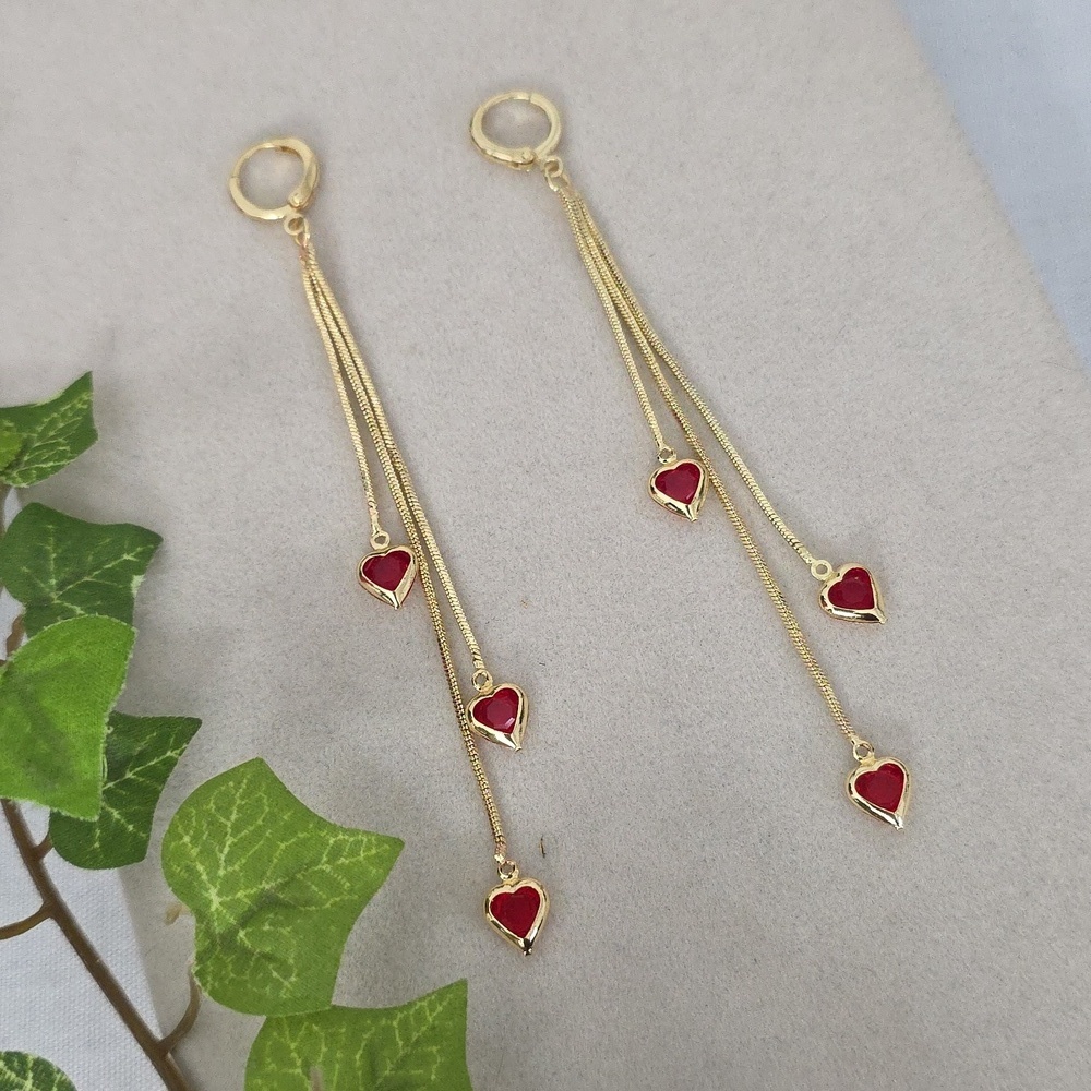 Long Gold Filled Huggie Chain Earrings with Dangle Red Hearts